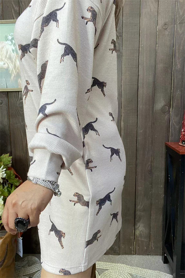 Cheetah printed knitted sweater long sleeve women dress w/side pockets GJQ15670