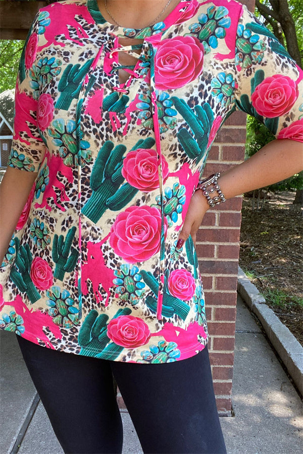 Floral & cactus short sleeves women tops w/criss cross neckline GJQ12940