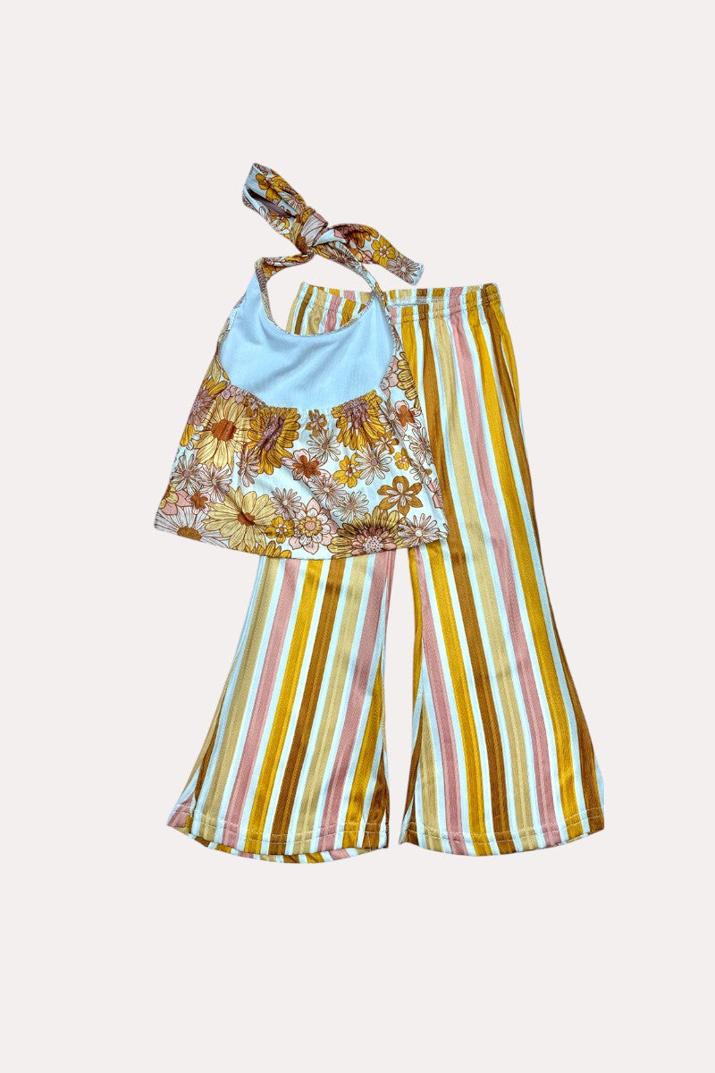 1170WY Yellow & orange floral & stripped halter top & pant girls set