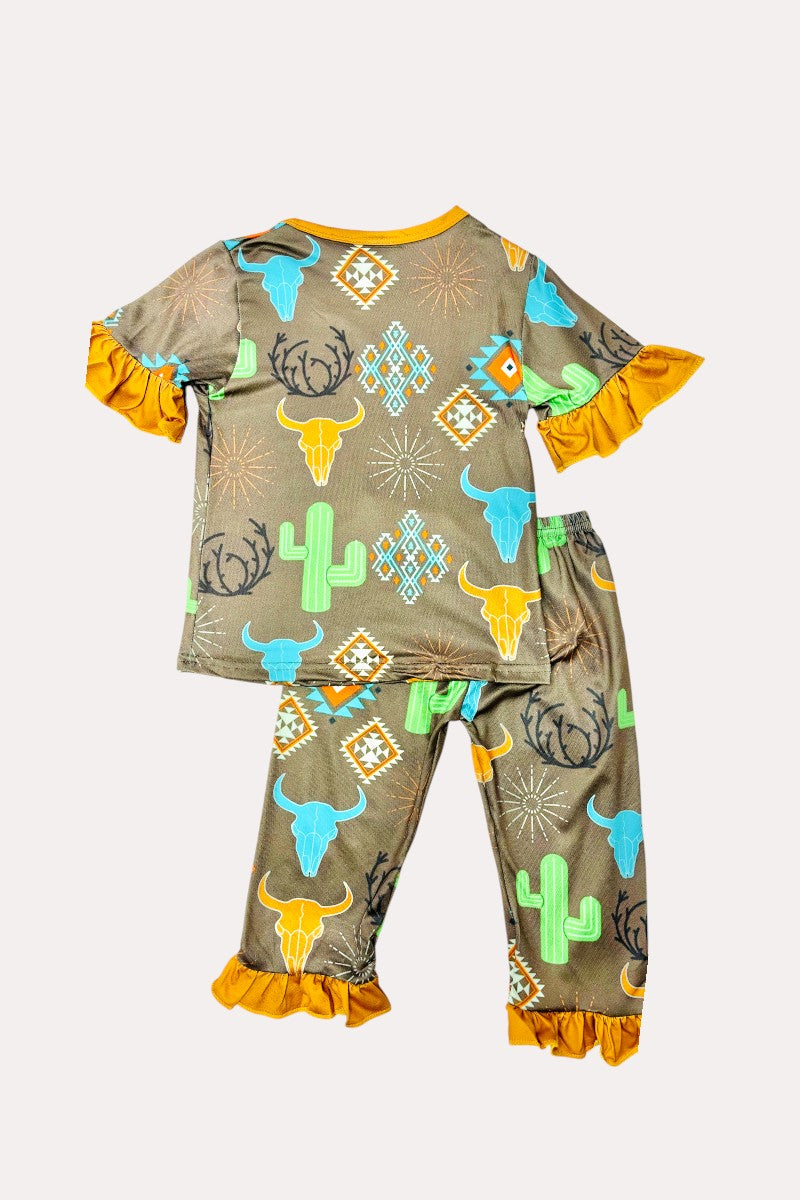 11907MZ Brown bull & cactus & aztec print short sleeve girls pajamas sets