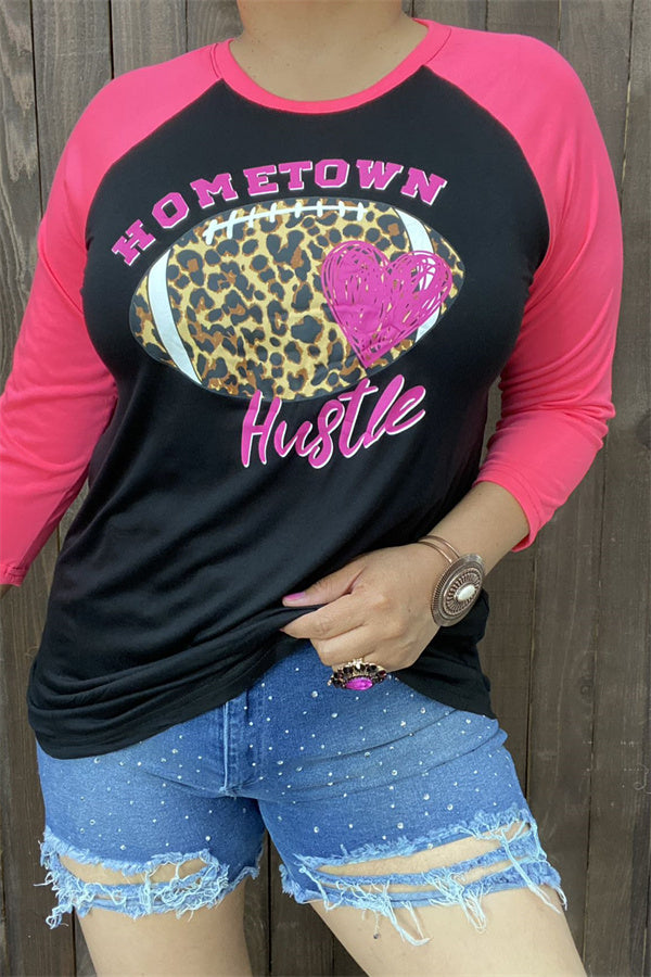 DLH8998 "HOMETOWN HUSTLE" football graphic printed black background fabric coral raglan 3/4 sleeve women tops