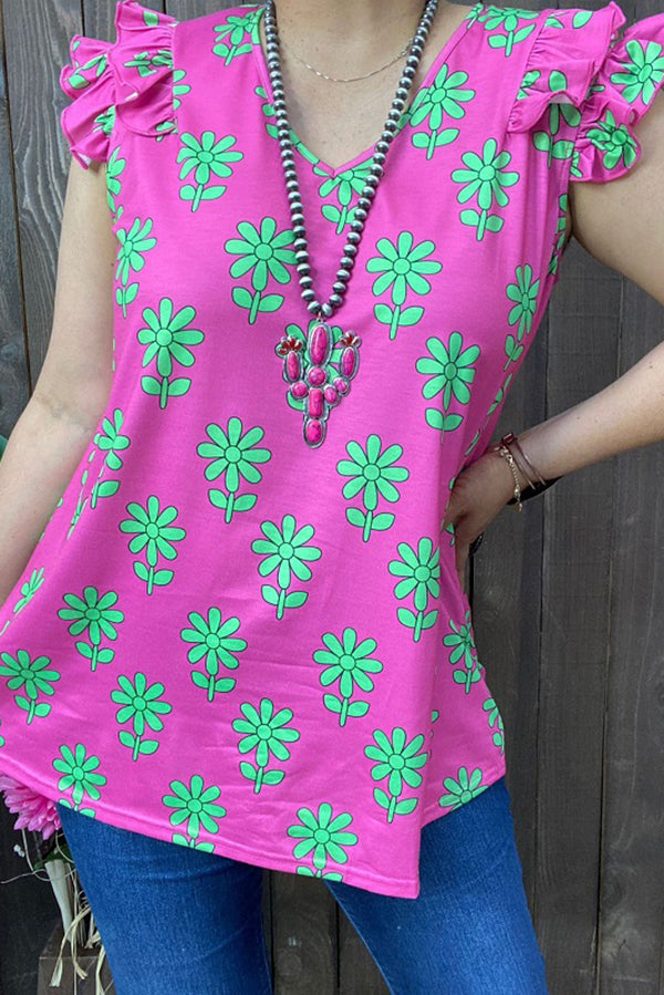 Mint flower prints short sleeves women tops w/ruffles YMY13365