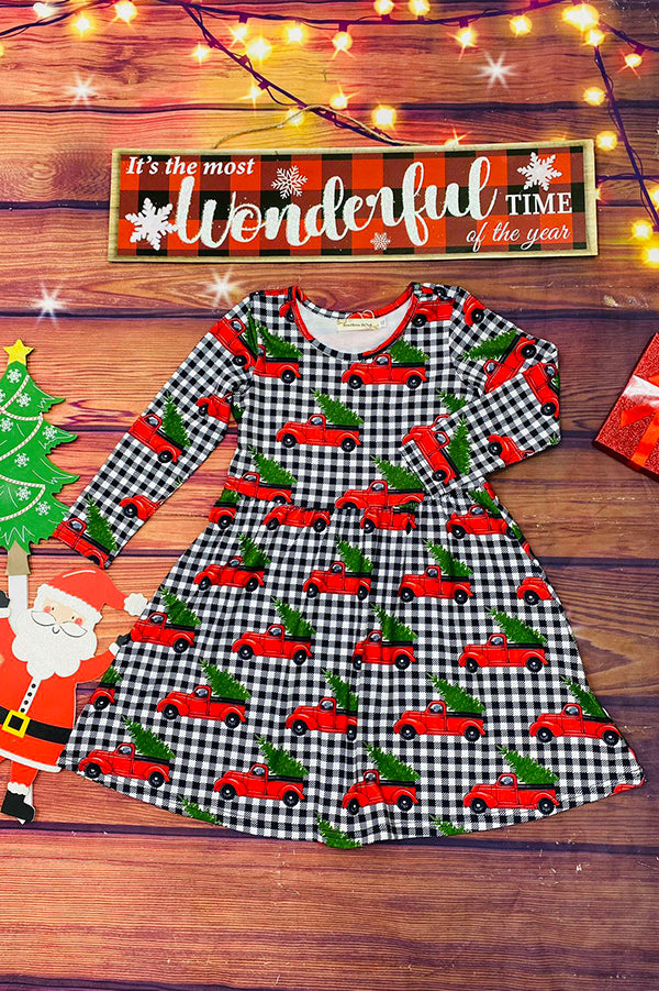Red truck & tree black/white plaid long sleeve dress XCH0017-8H