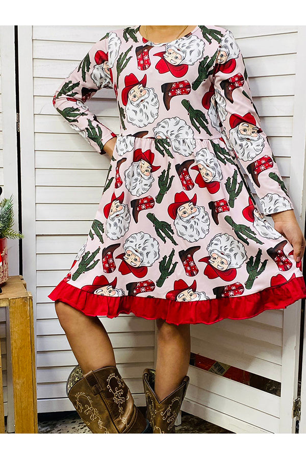 Kids Santa & Cactus & Boots print swirl dress XCH0017-12H