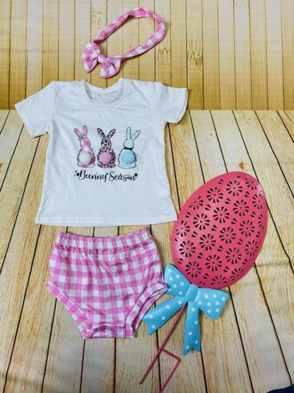 DLH2766 Bunny season & pink plaid bloomer 2pc baby set