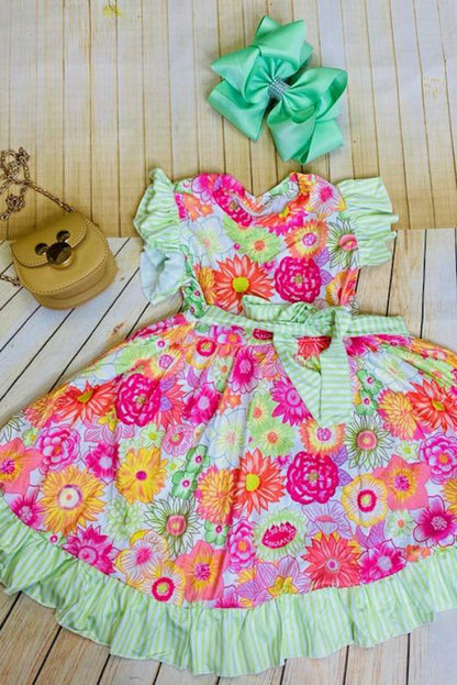 DLH2379 Green, orange, & pink floral swirl dress