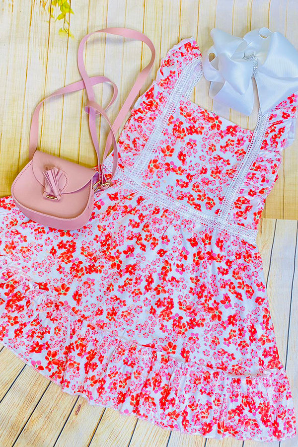 Pink & orange floral lace dress w/ruffle straps XCH0555-11H