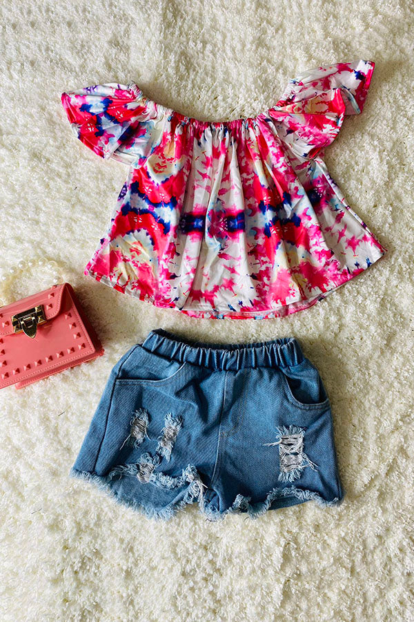 DLH2358 Tie dye off the shoulder top w/light denim shorts 2pc set