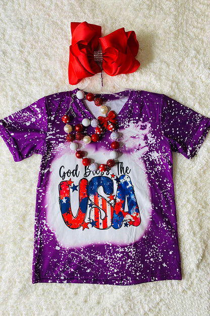 "God bless the USA" purple bleached short sleeve t-shirt DLH1224-06