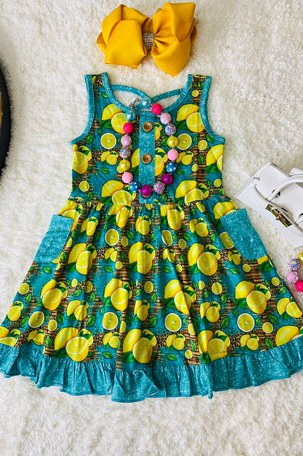 Turquoise yellow lemons printed girl dress w/pockets XCH0888-8H