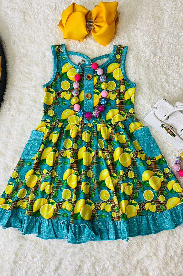 Trendy turquoise yellow lemons girl boutique dress XCH0888-8H