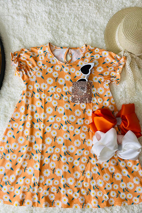 XCH0555-18H Floral printed short sleeve girls dress with sequin pocket