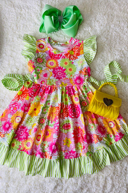 DLH2379 Green, orange, & pink floral swirl dress