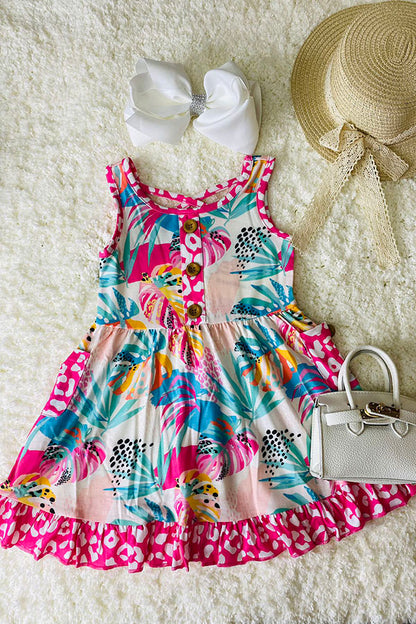 XCH0888-10H Floral print sleeveless girls dress with pink leopard pockets