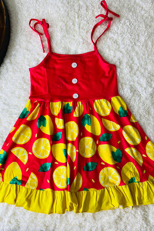 XCH0888-20H Hot pink w/yellow lemons spaghetti straps swirl dress