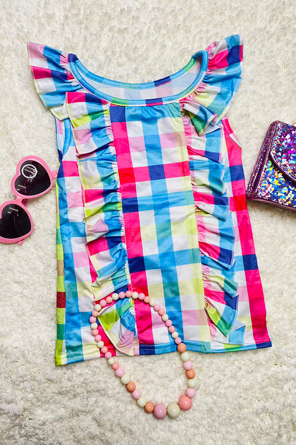 DLH2524 Colorful checkered print ruffle little girls top A7S7