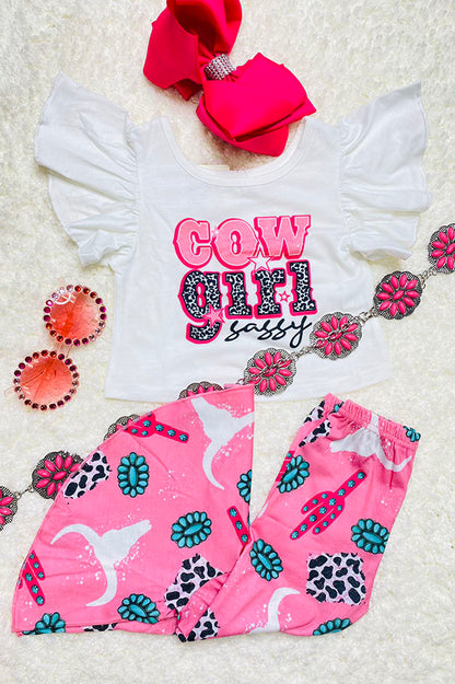XCH0333-7H COW girl sassy top bell bottom two piece girl set