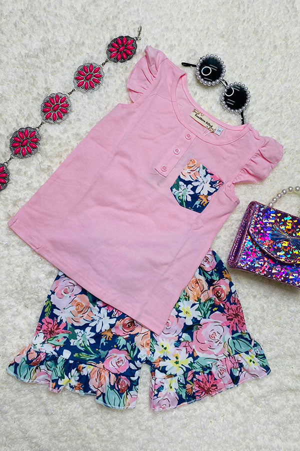 XCH0666-31H Summer pink top floral shorts girls clothing set
