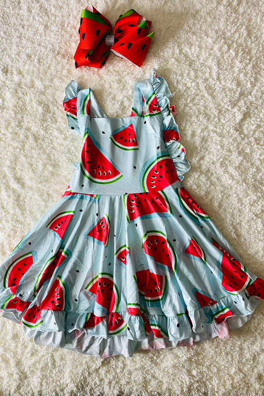 DLH2365 Light blue watermelon crisscross back swirl dress