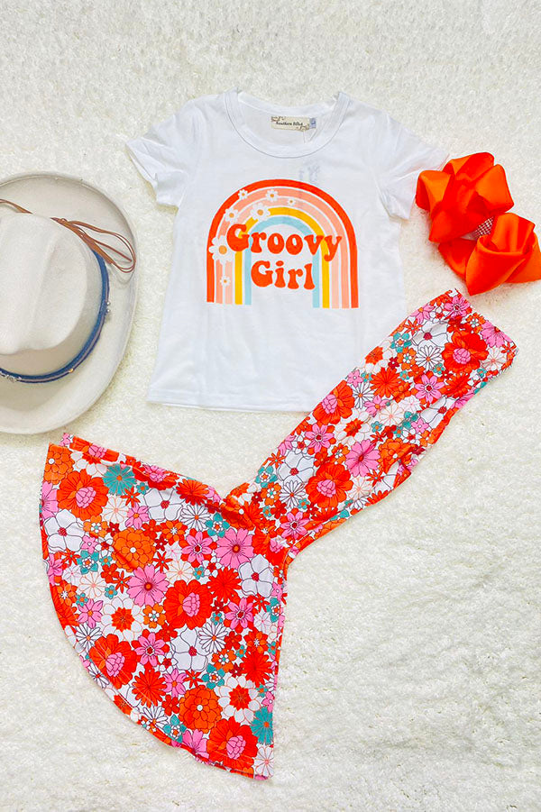 XCH0333-13H "Groovy Girl" top & floral bell bottom 2ps girls sets