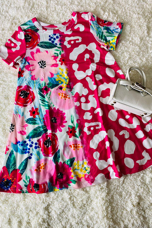 XCH0020-3H Half floral & Leopard prints short sleeve girls dress