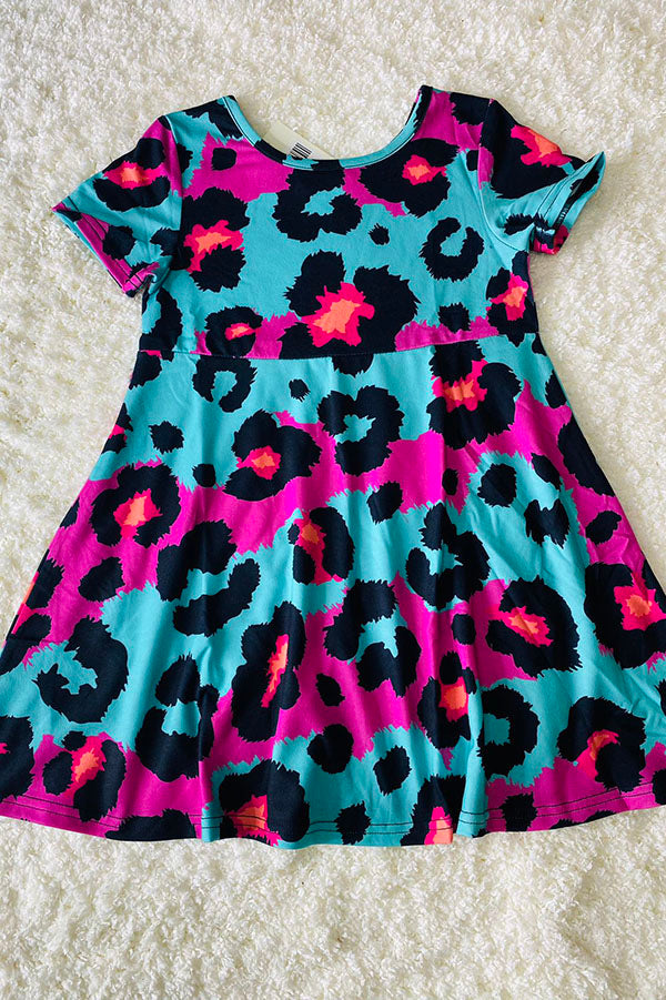 XCH0020-2H Turquoise & Pink leopard prints short sleeve girls dress