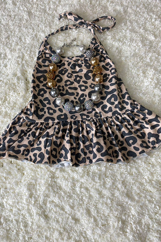DLH2490 Kids leopard print tied sleeveless tank top with trim