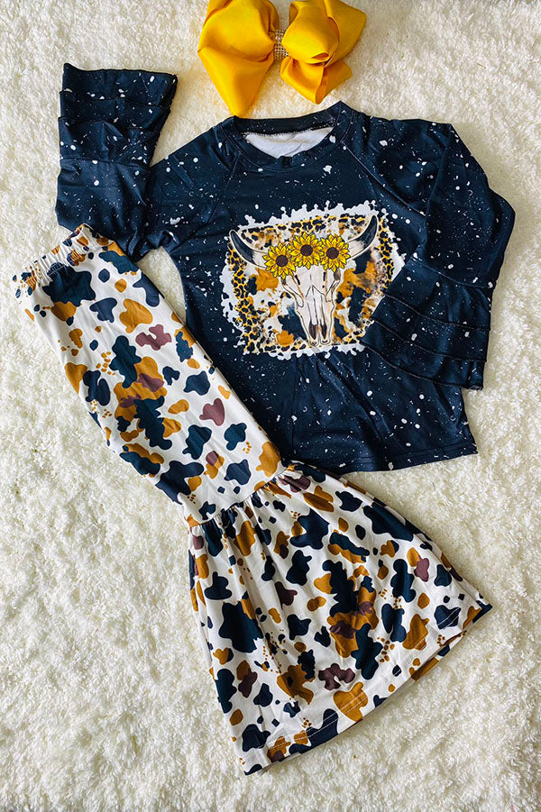 Black cow skull head with sunflowers black 2pc long sleeve set DLH0824-8