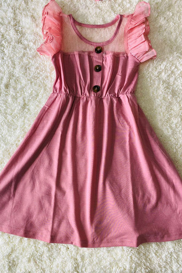 XCH0888-18H Rose pink tulle ruffle sleeve girls dress