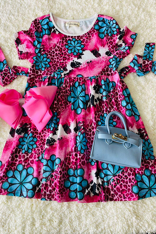 Turquoise jewel pink leopard print short sleeve dress with belt XCH0888-2H