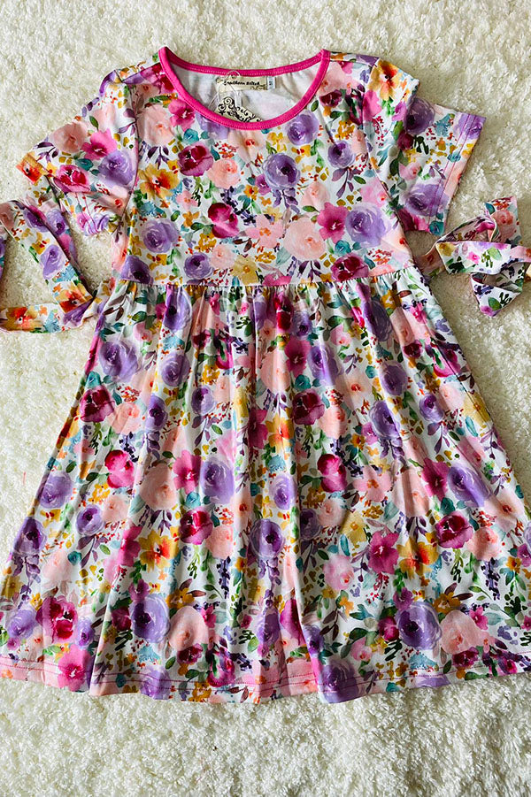 XCH0888-3 Multi color floral printed short sleeve girl dress w/side belt
