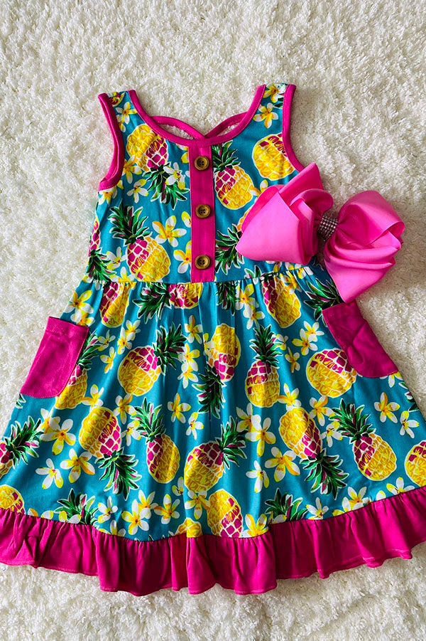 XCH0888-12 Turquoise & pink pineapple printed swirl ruffled girls dress