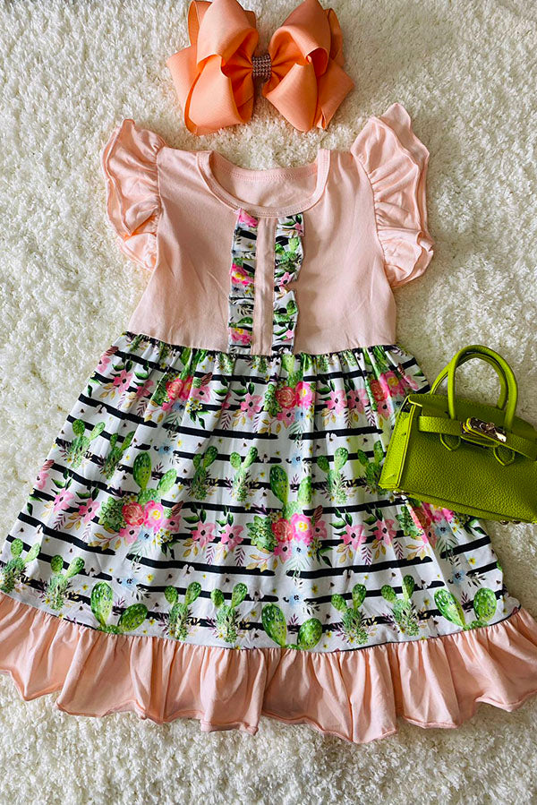 DLH1215-29 Soft peach stripped w/cactus swirl ruffled dress