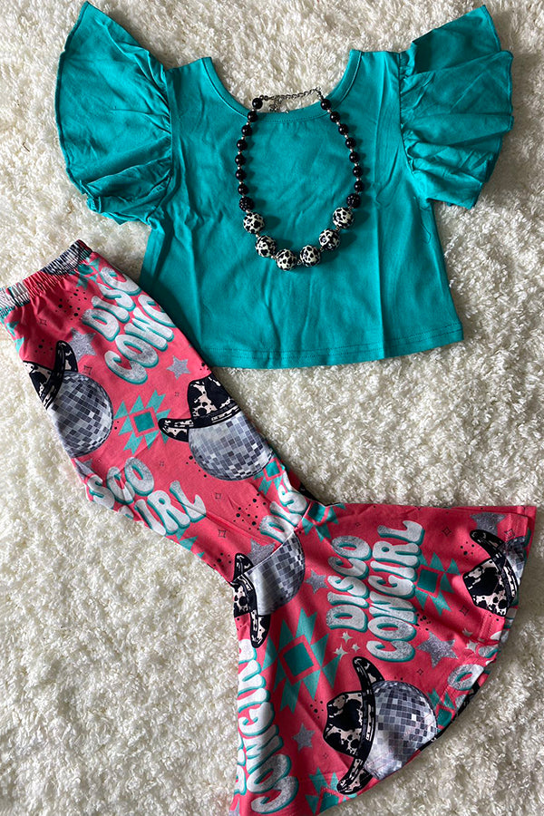 Teal flutter sleeve top DISCO COWGIRL print bottoms 2pc girls oufit sets XCH0777-19