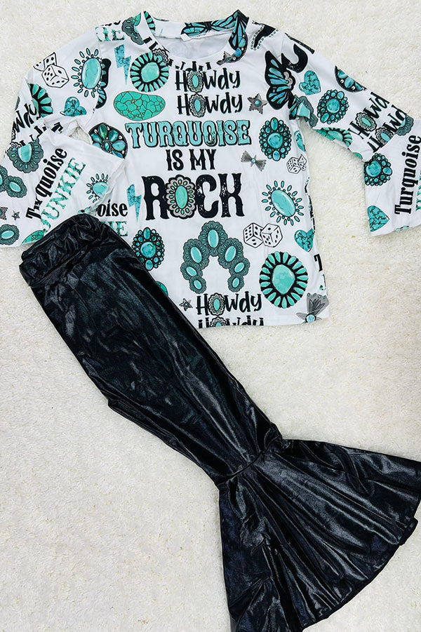 Kids "TURQUOISE IS MY ROCK" & Jewel print top bottoms 2pc sets DLH2659