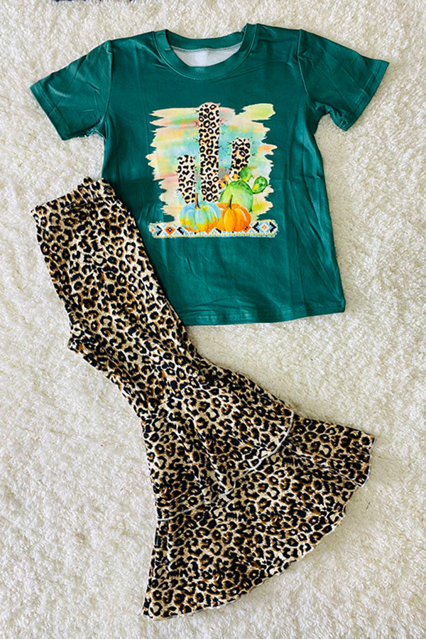 D2576 Leopard cactus & pumpkin prints top bell bottom girls outfit sets wholesale