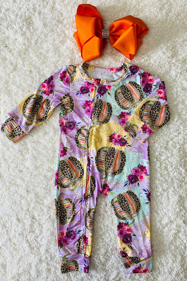 Multicolor & leopard pumpkins & floral print baby romper D2675
