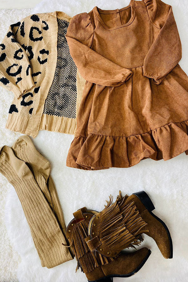 240608M Mom and me knitted brown leopard open sweater wholesale kids clothes