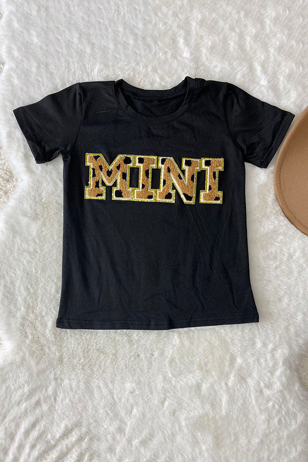 Mom and me Leopard MINI embroidered black short sleeve girls top DLH2590