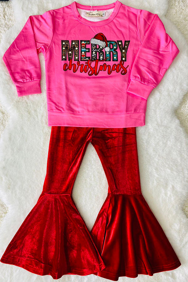 XCH0024-15H MERRY CHRISTMAS sweatershirt velvet pant girls outfit set