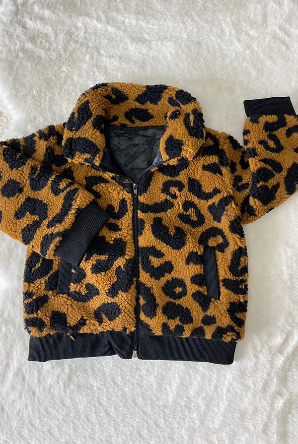 Black/brown leopard sherpa girls jacket (A11S3) DLH2644