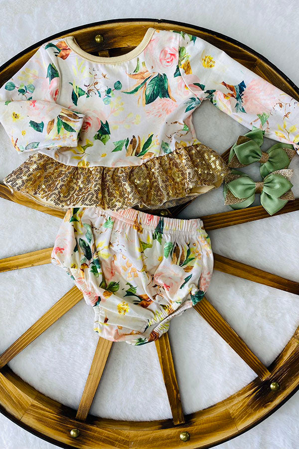 DLH2546 Baby floral printed long sleeve top shorts girls sets