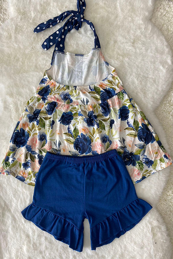 LC0018 Navy & cream floral halter top & ruffle shorts 2pc girls set