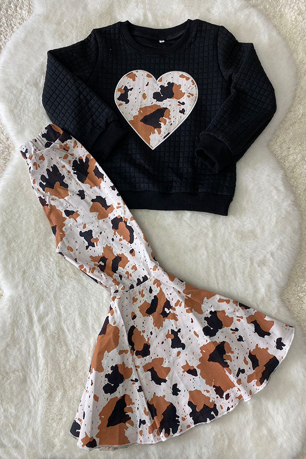 DLH2808 Heart embroidery black pullover sweatershirt leopard denim pant girls sets