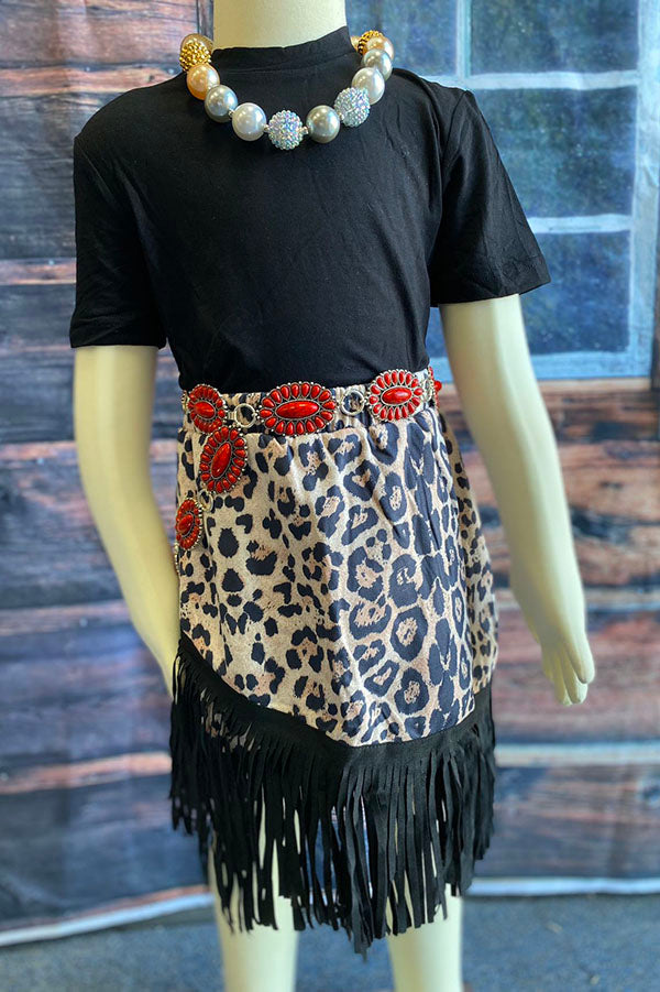XCH04004 Black short sleeve top suede leopard skirts with fringe 2pcs girls sets