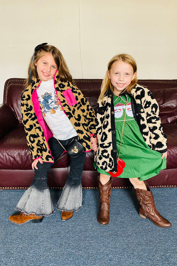 BQ2412 Beige leopard sherpa long sleeve girls jacket/coat