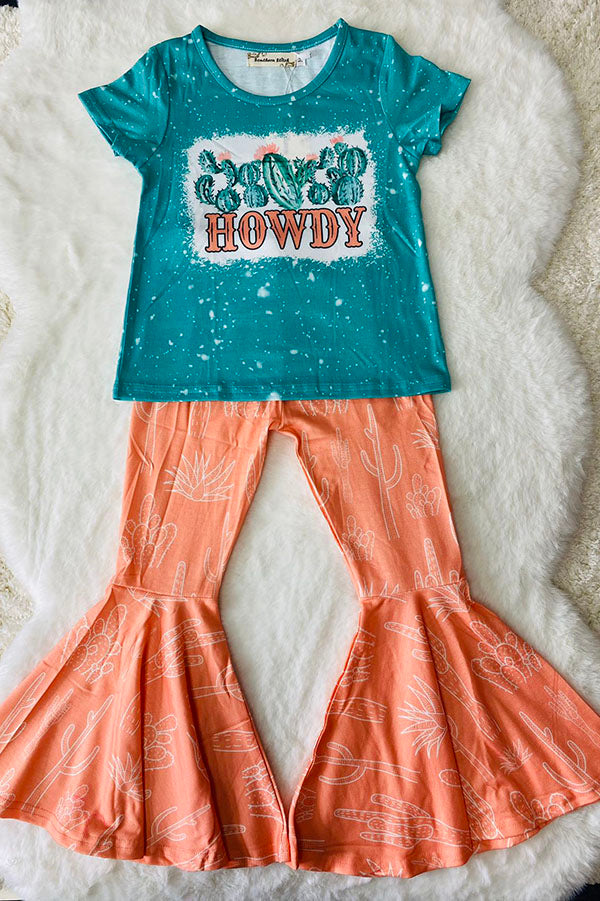 Western chic turquoise top & flare pant girls boutique sets XCH0666-27H