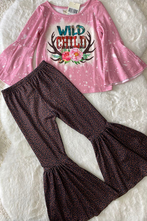 XCH0013-9H WILD CHILD Pink top leopard prints bell bottom 2pcs girls sets