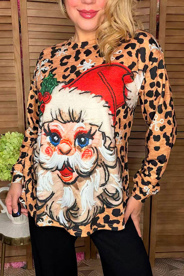 Chrismtmas santa & leopard printed long sleeve women blouse Chrismtmas santa & leopard printed long sleeve women blouse