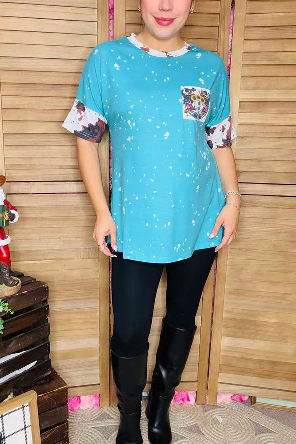 XCH13014 Blue splash bull skull cow printed short sleeve women top